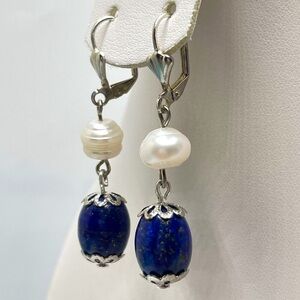 Artisan Freshwater Pearl Lapis Lazuli Beaded Dangle Earrings Leverback Boho